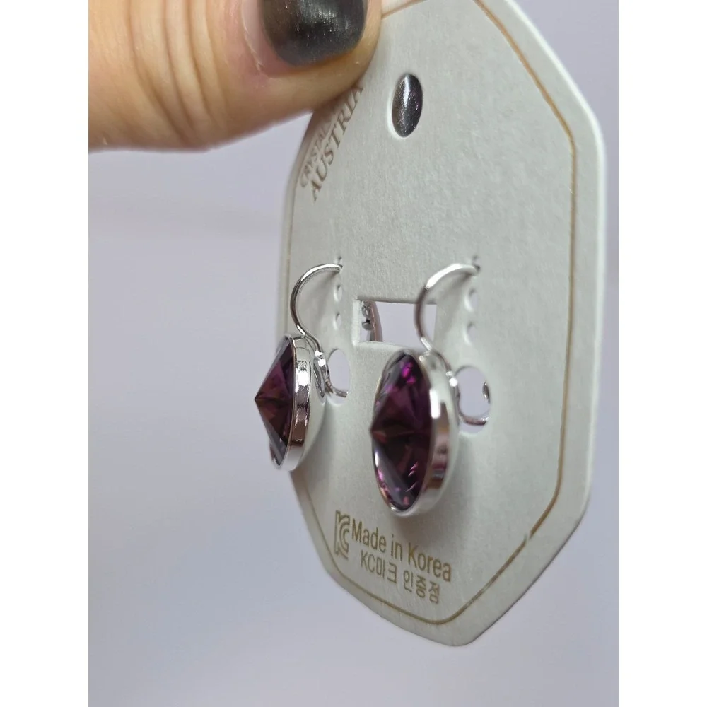 NEW CrystalsAustria Dark PurpleAmethyst 15mm Round LeverbackEarrings PlatinumPl
